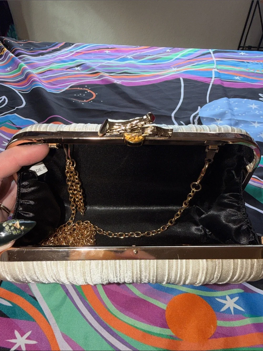 Elegant Pearl Ivory Satin Clutch with Gold Bird Accent NWOT